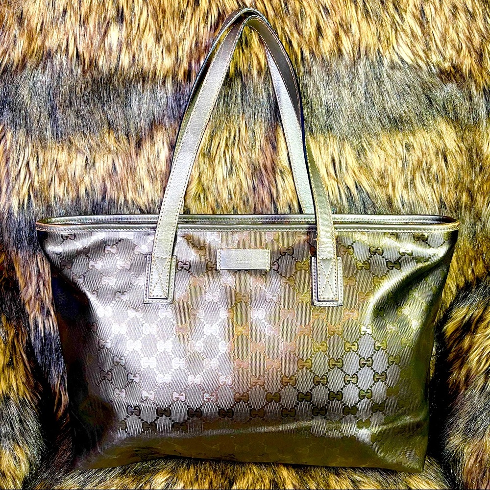 Gucci Imprime Monogram Medium Zippered Shopping Tote Pewter - Metallic Taupe